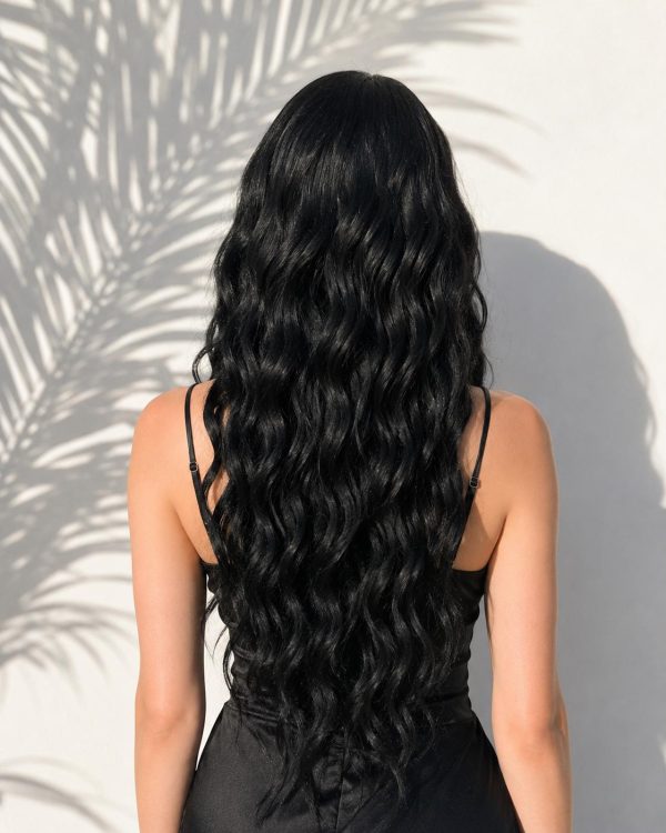 28 Inch Natural Black Long Layered Wavy Wig with Middle Part