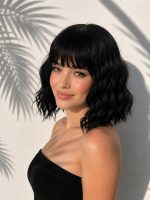 12 Inch Natural Black Short Wavy Bob Wig with Bangs