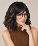 12 Inch Black and Caramel Highlight Short Wavy Bob Wig with Bangs