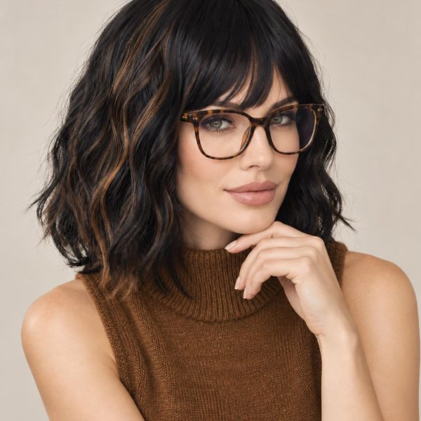 12 Inch Black and Caramel Highlight Short Wavy Bob Wig with Bangs