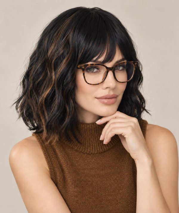 12 Inch Black and Caramel Highlight Short Wavy Bob Wig with Bangs