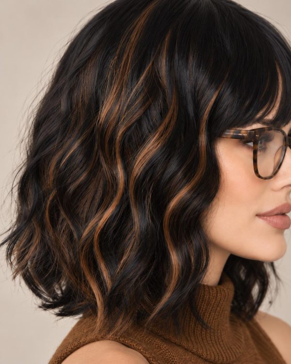 12 Inch Black and Caramel Highlight Short Wavy Bob Wig with Bangs