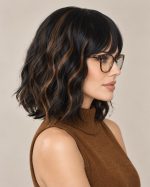 12 Inch Black and Caramel Highlight Short Wavy Bob Wig with Bangs