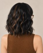 12 Inch Black and Caramel Highlight Short Wavy Bob Wig with Bangs