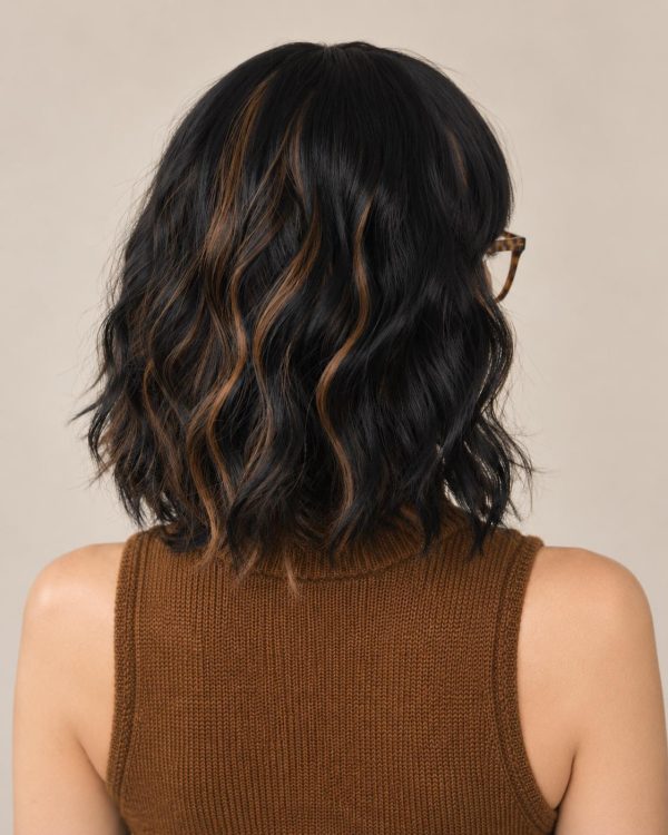 12 Inch Black and Caramel Highlight Short Wavy Bob Wig with Bangs