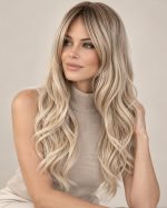 26 Inch Dark Beige Root Creamy Blonde Ombre Wavy Wig with Curtain Bangs
