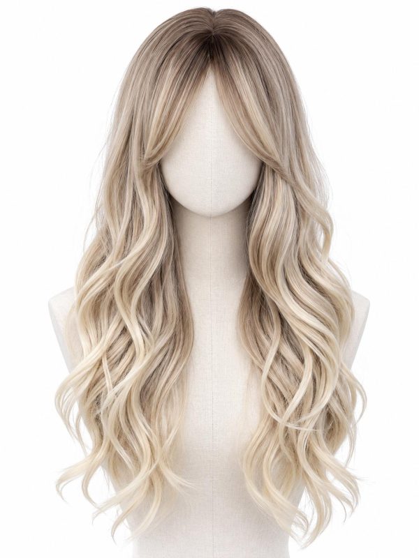 26 Inch Dark Beige Root Creamy Blonde Ombre Wavy Wig with Curtain Bangs