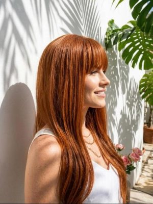 26 Inch Warm Copper Auburn Brown Long Layered Wig with Bangs