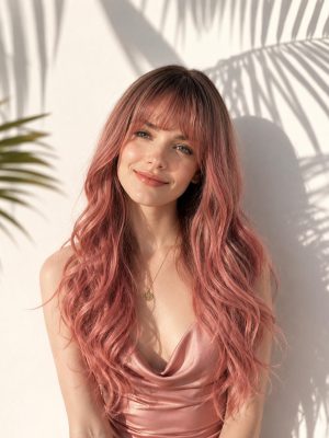 24 Inch Dark Brown Root Dusty Rose Pink Ombre Long Wavy Wig with Wispy Bangs