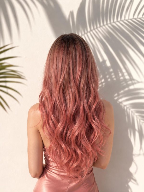 24 Inch Dark Brown Root Dusty Rose Pink Ombre Long Wavy Wig with Wispy Bangs