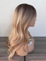 24 Inch Dark Root Cool Beige Blonde Long Wavy Wig with Wispy Bangs