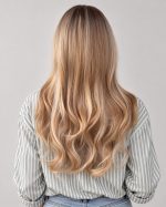 24 Inch Dark Root Cool Beige Blonde Long Wavy Wig with Wispy Bangs