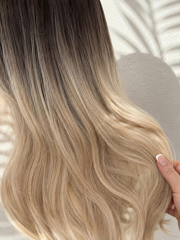 24 Inch Dark Brown Root Blonde Balayage Long Layered Wavy Wig