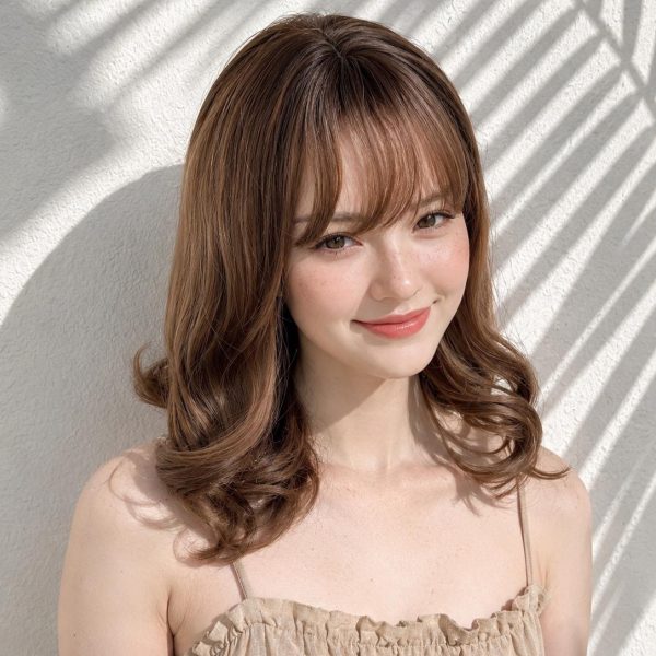 14 Inch Warm Brunette Wavy Bob Wig with Wispy Bangs