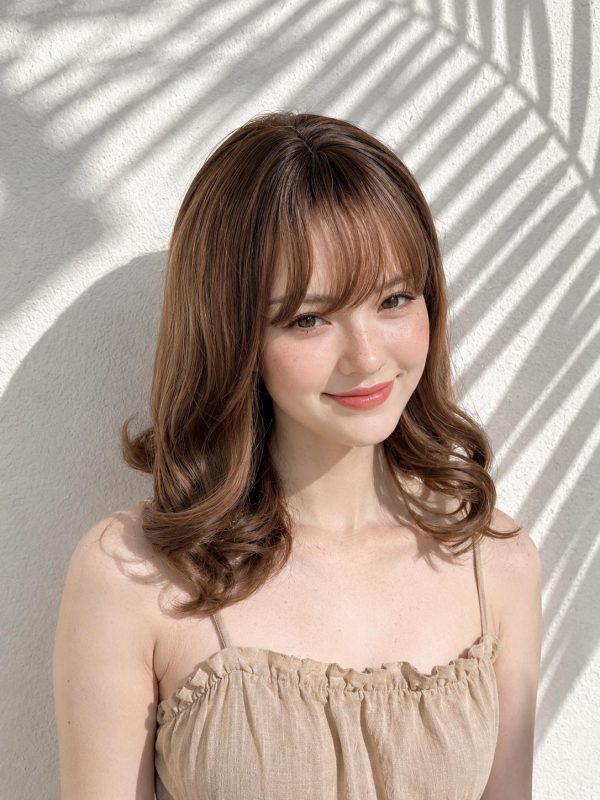 14 Inch Warm Brunette Wavy Bob Wig with Wispy Bangs