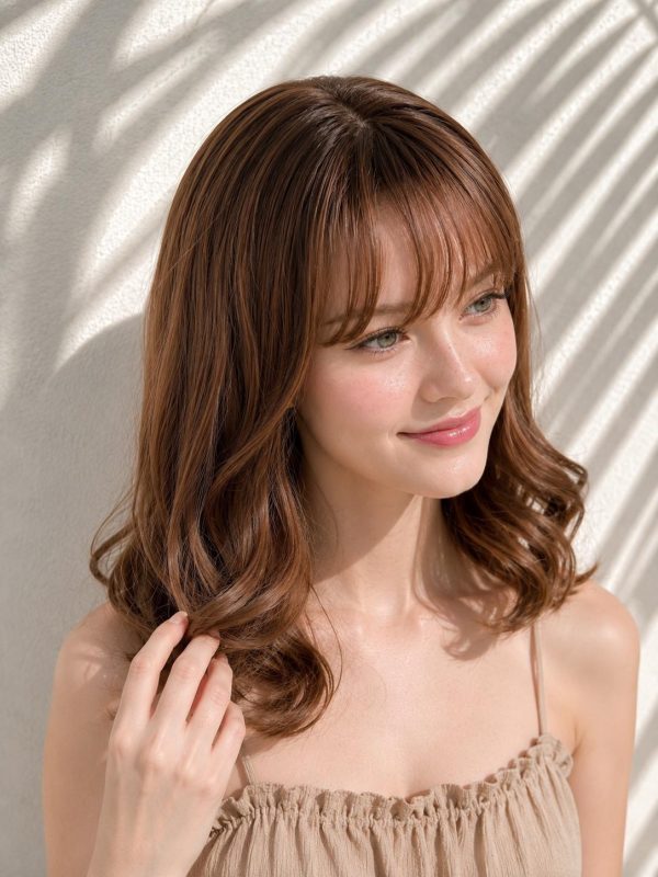 14 Inch Warm Brunette Wavy Bob Wig with Wispy Bangs